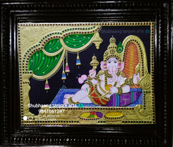 Relaxing Ganesha Tanjore Painting 2