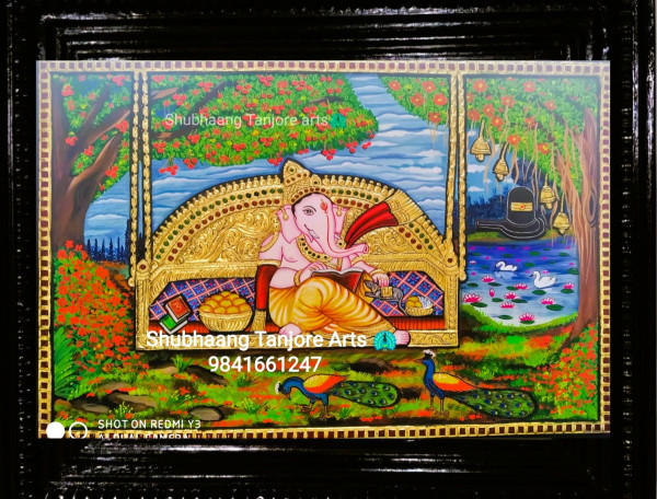 Ganesha in swing Tanjore painting