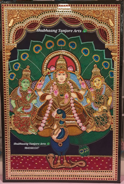 Murugan Valli Deivanai and Peacock Tanjore Painting